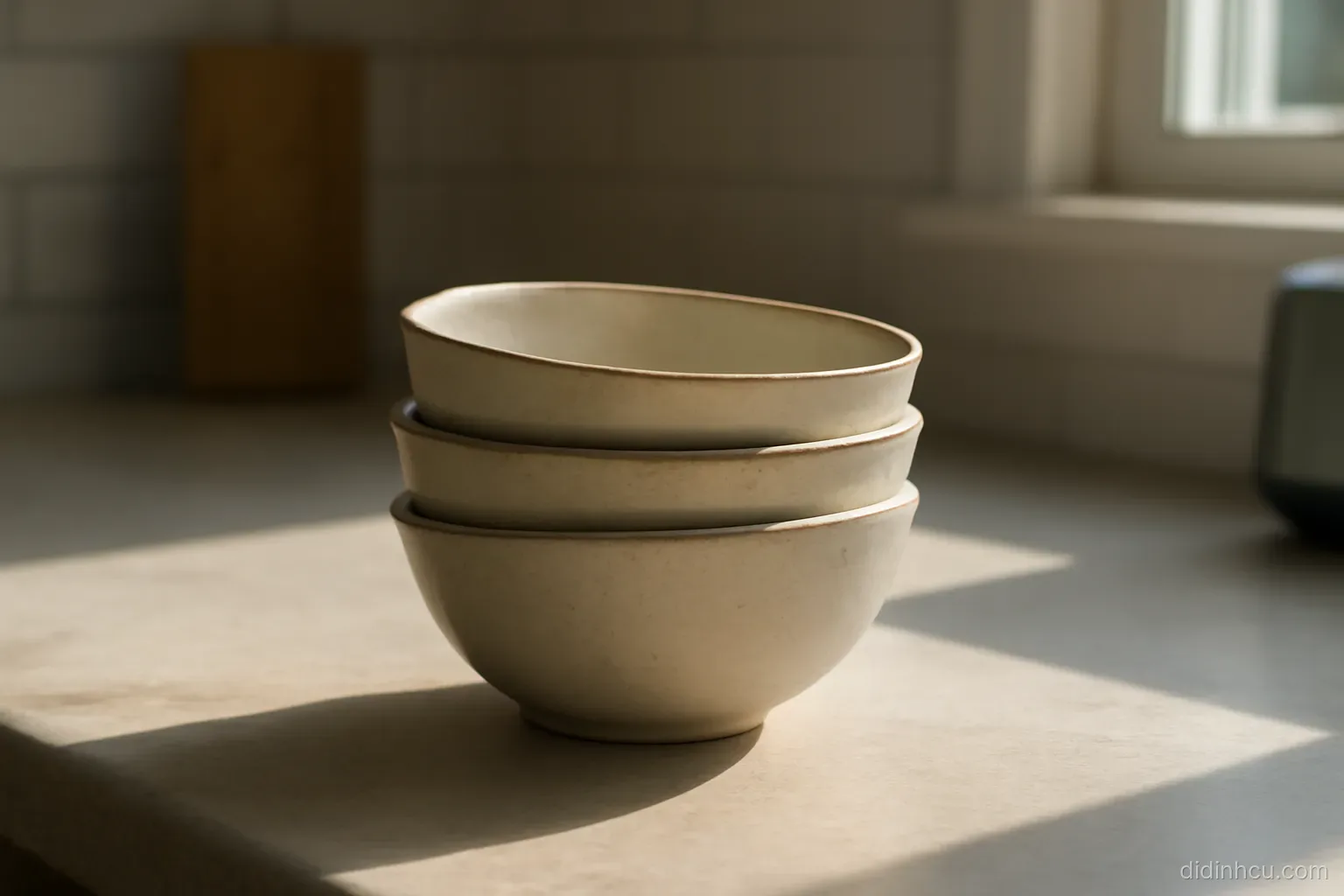 three bowls of different sizes stacked unevenly on a kitchen counter in morning light