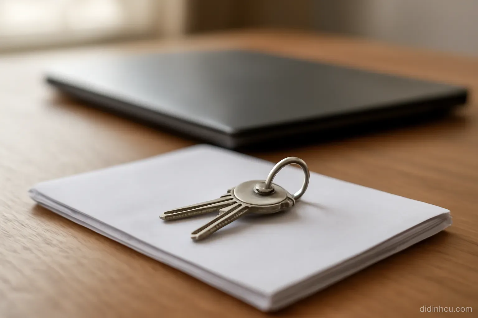 a set of house keys resting on a folded document beside a closed laptop