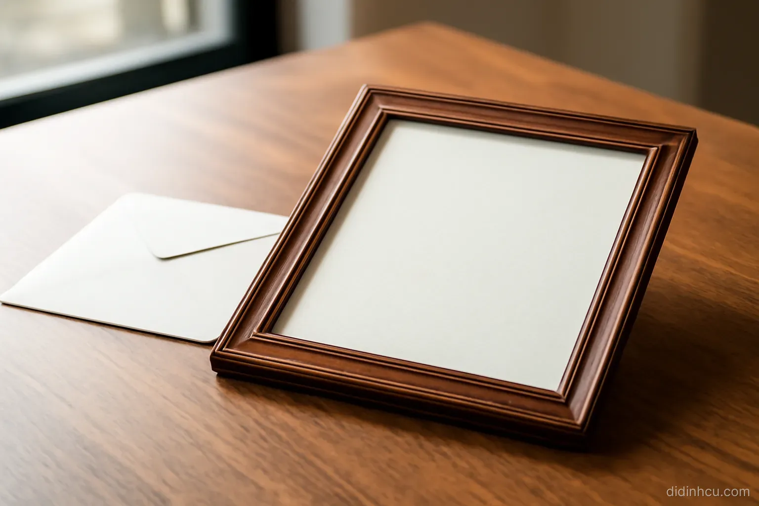 a framed certificate turned face down on a desk beside an unopened envelope