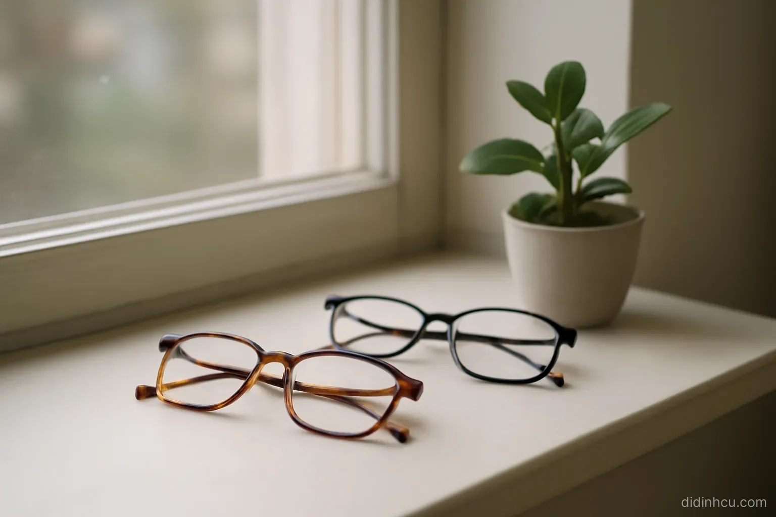two pairs of reading glasses left on a windowsill beside a small potted plant