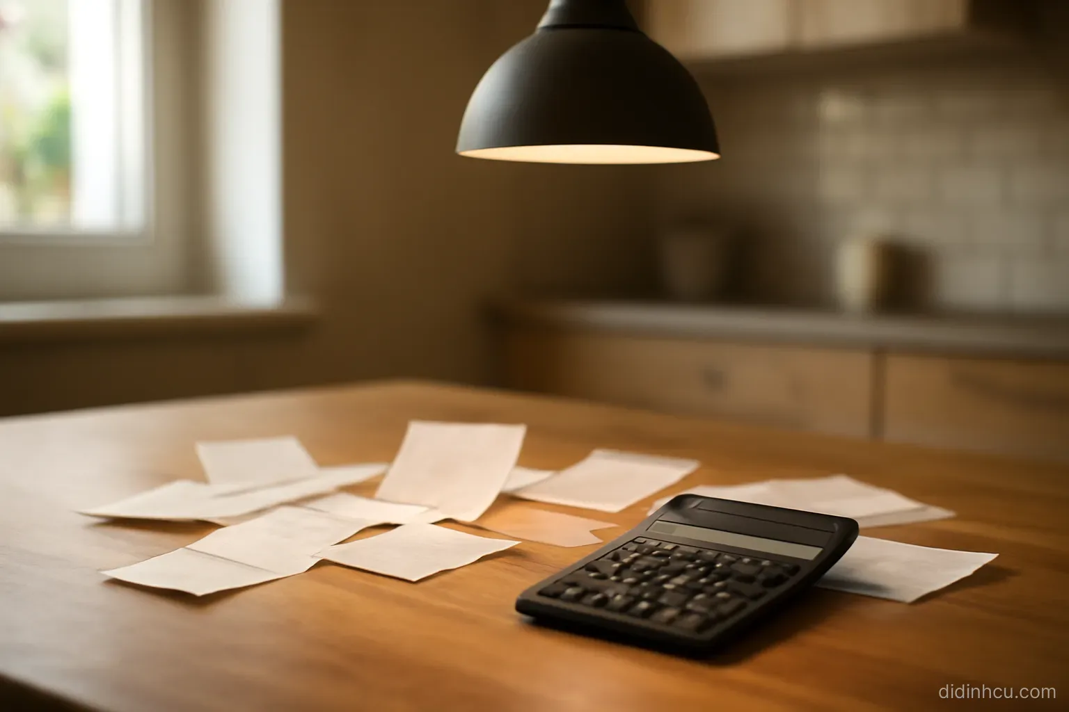 a calculator and several folded receipts spread across a kitchen table under a hanging lamp