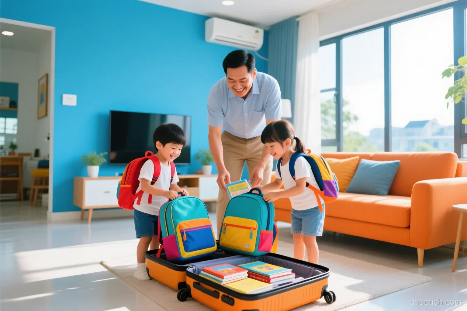 Vietnamese father and two children packing colorful backpacks and storybooks into a suitcase in a bright apartment living room in Da Nang, wide shot, cheerful blue and orange tones, sunny afternoon