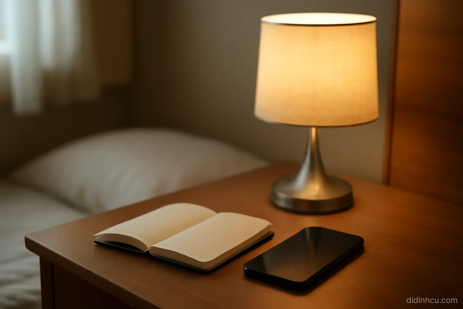 a small notebook and a phone lying on a bedside table with a lamp switched on beside them