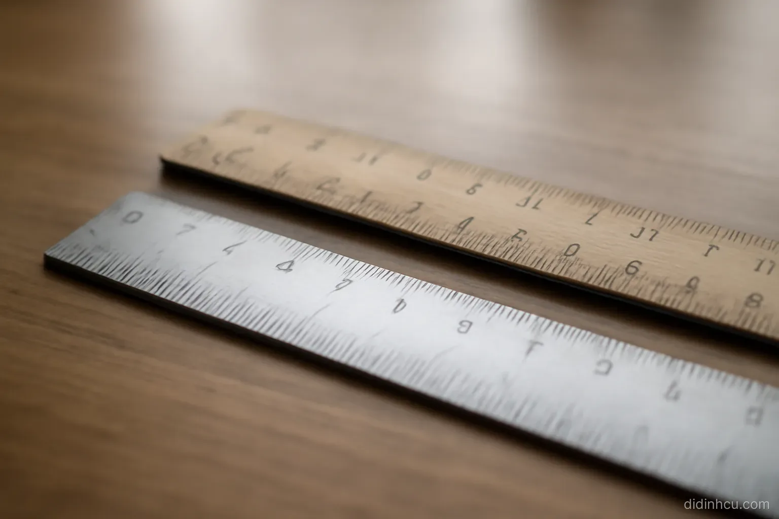 two rulers of different scales lying side by side on a desk with their markings not aligned