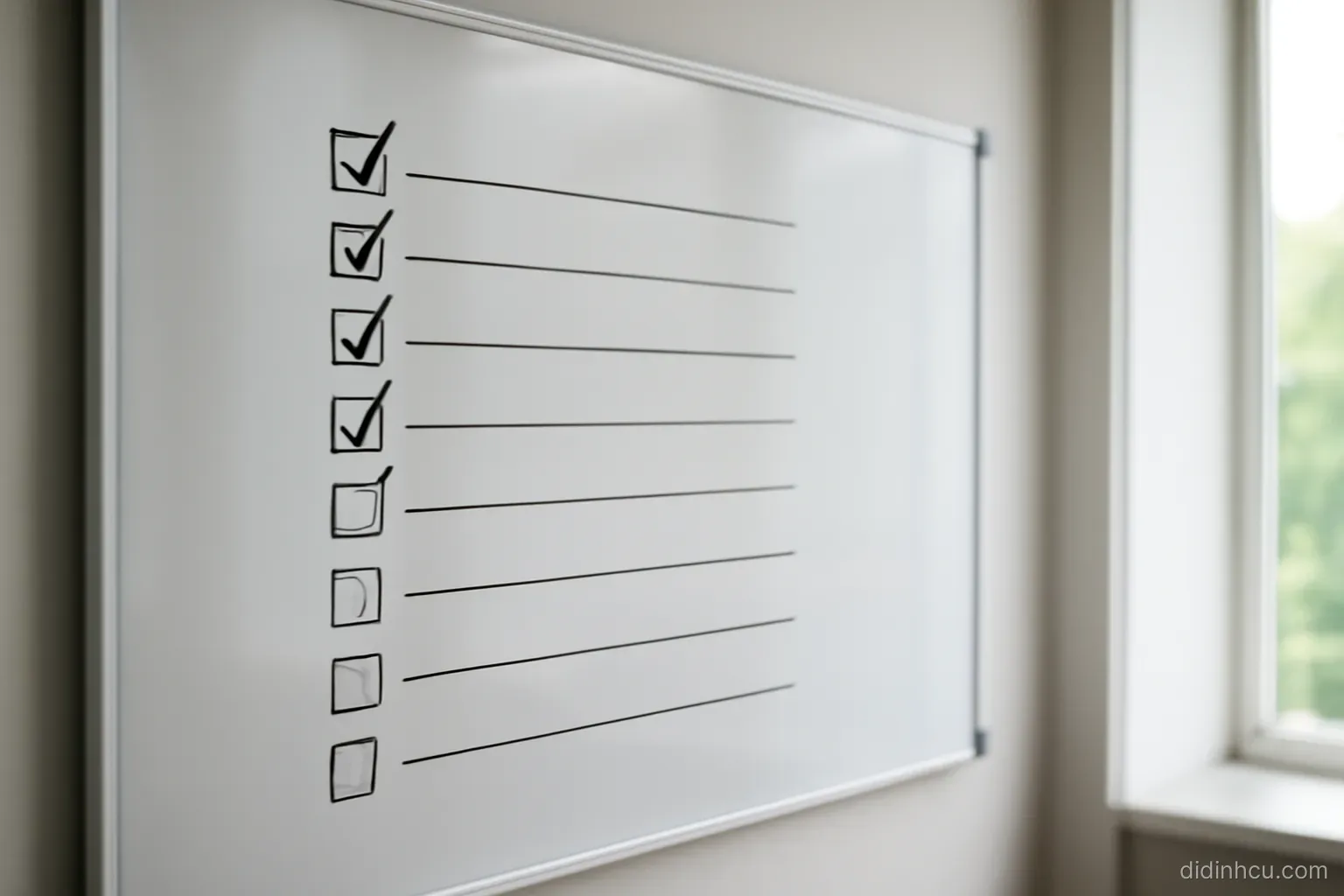 a list written on a whiteboard with several items ticked and others left blank