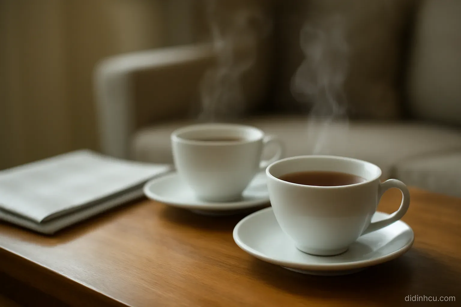 two cups of tea on a low table with steam rising and a folded newspaper pushed aside