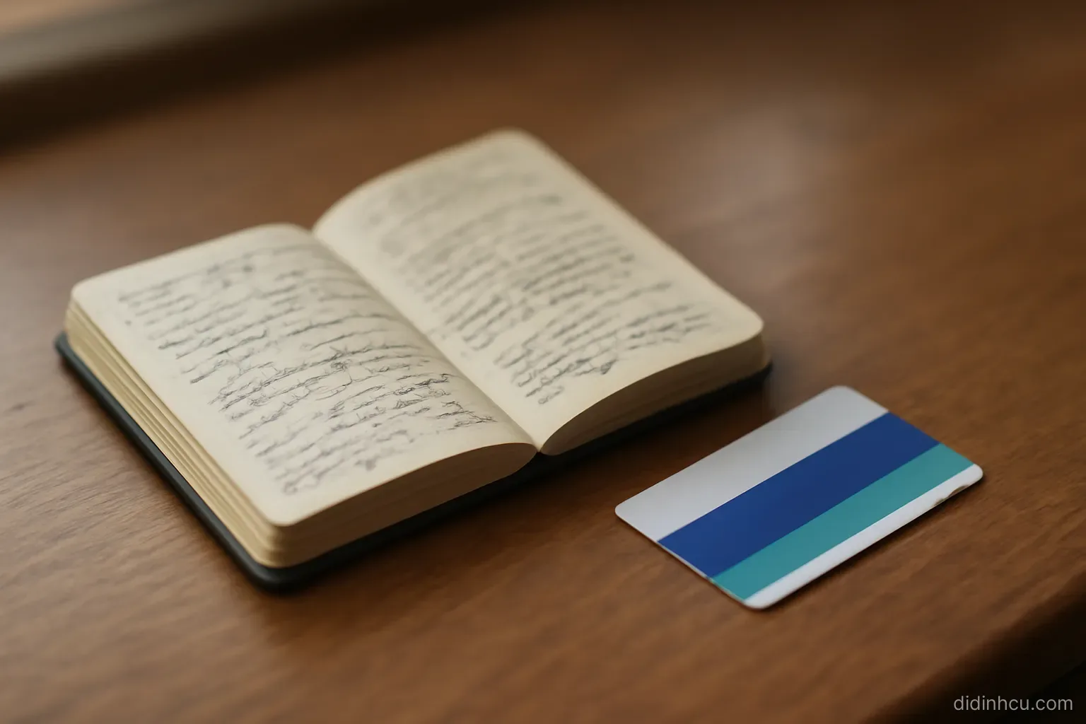 a pocket notebook filled with short handwritten entries lying open beside a transit card