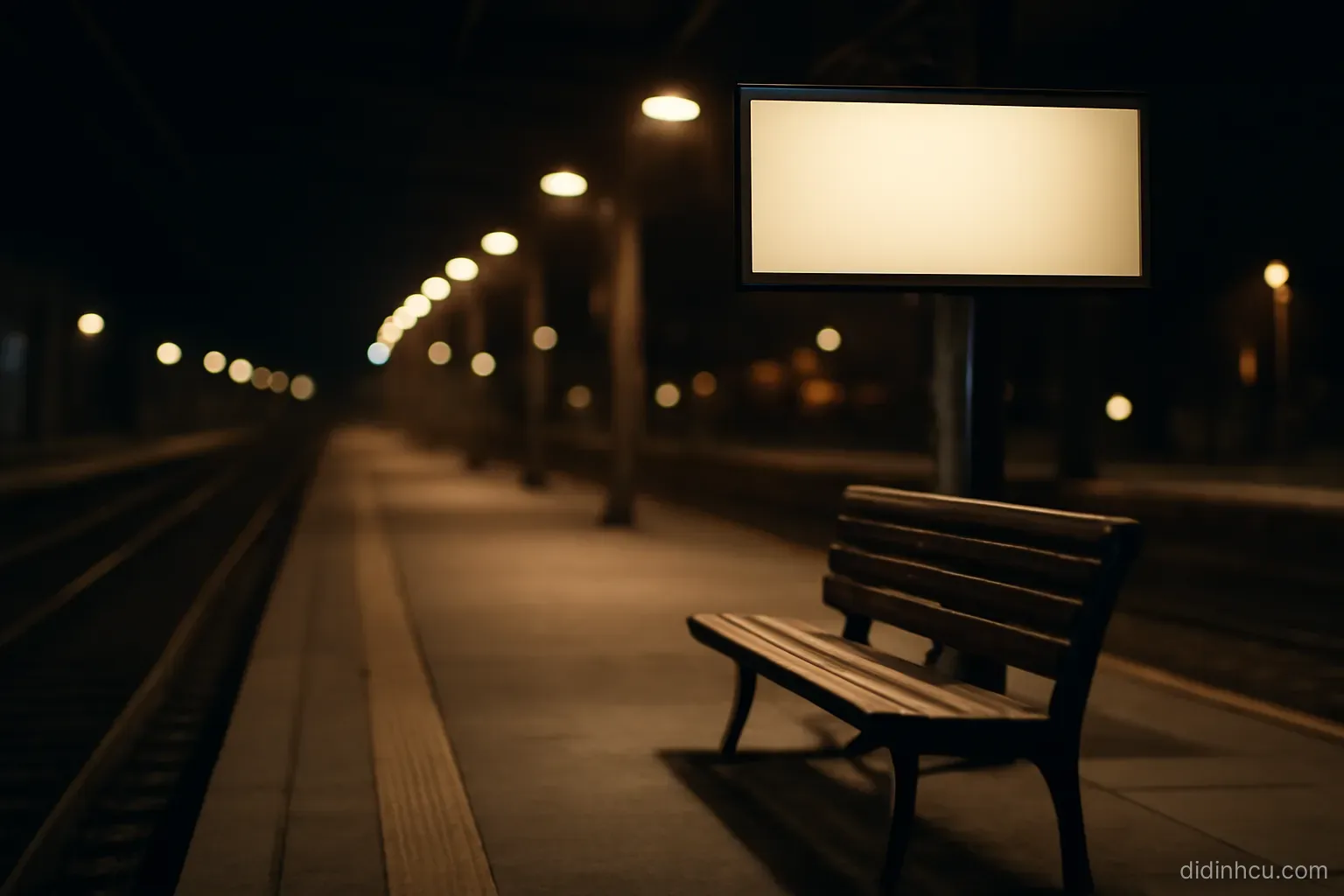 a train platform at night with one bench facing the tracks and an empty timetable board above