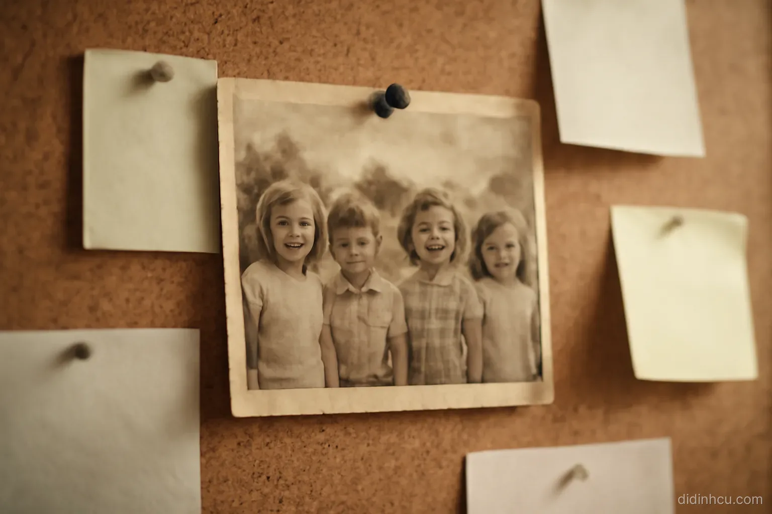 a faded photograph of a group of children pinned to a corkboard among newer notes
