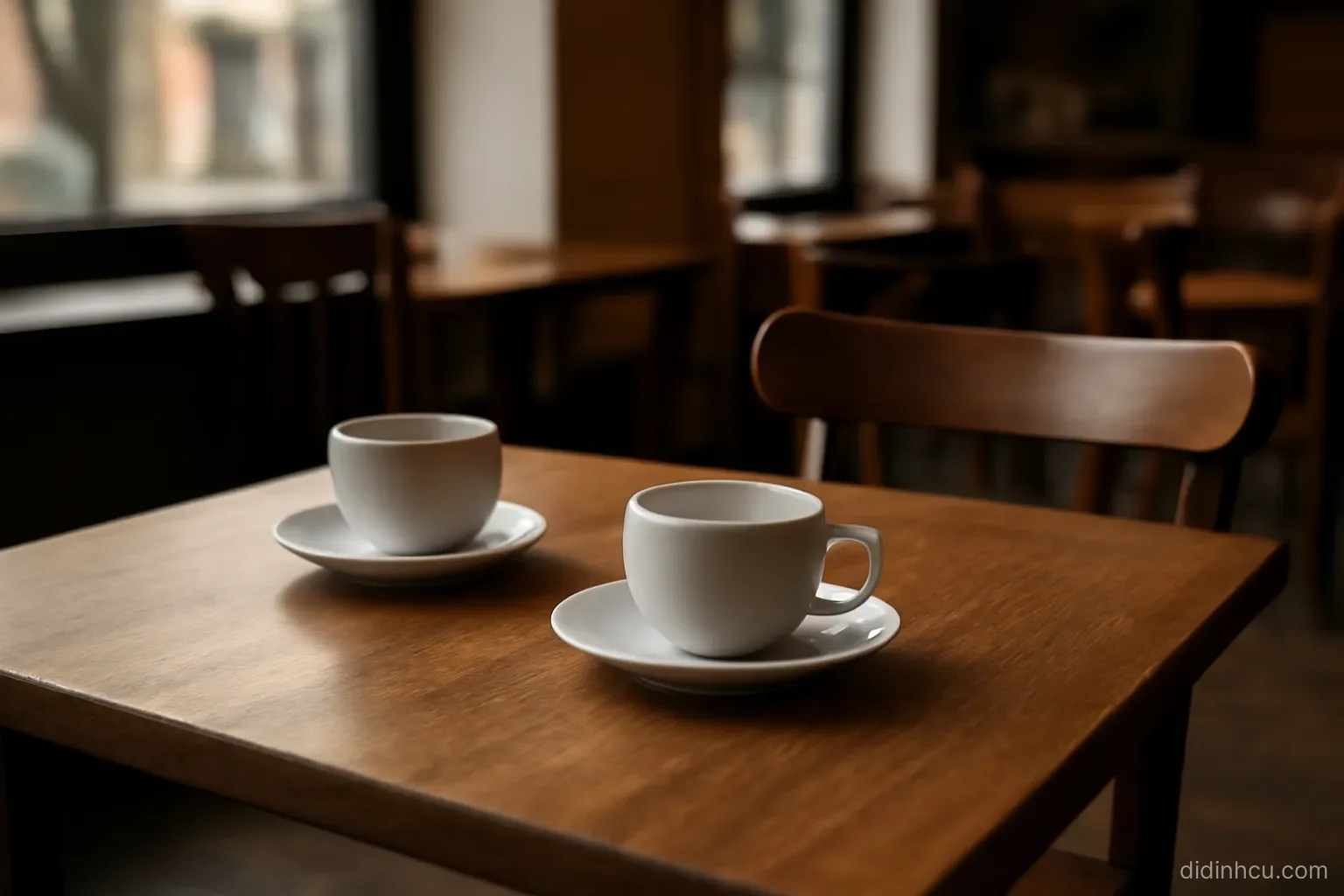 a coffee shop table with two empty cups and a chair pushed back slightly from it