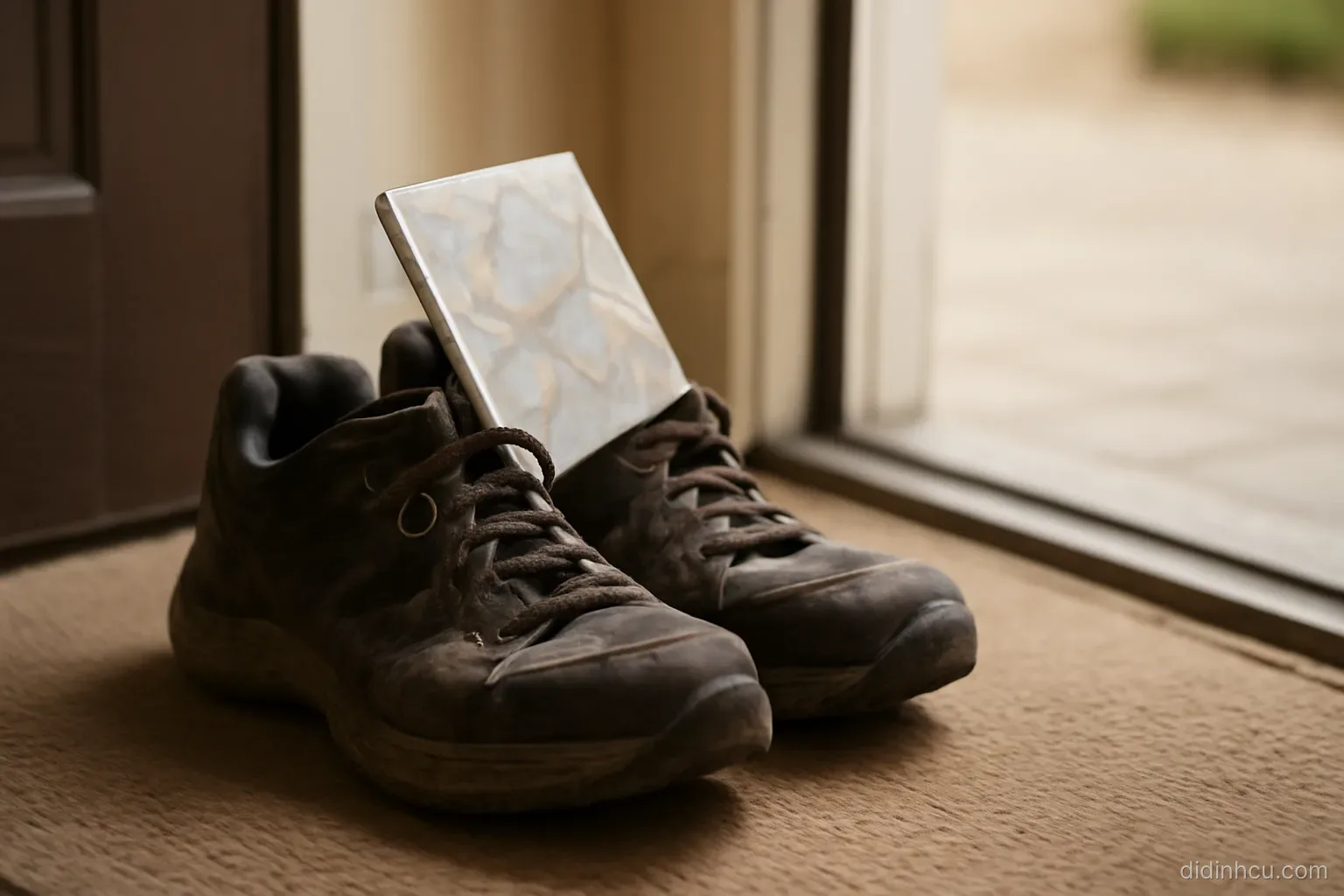 a pair of worn walking shoes placed by a doorway with a folded map tucked into one of them