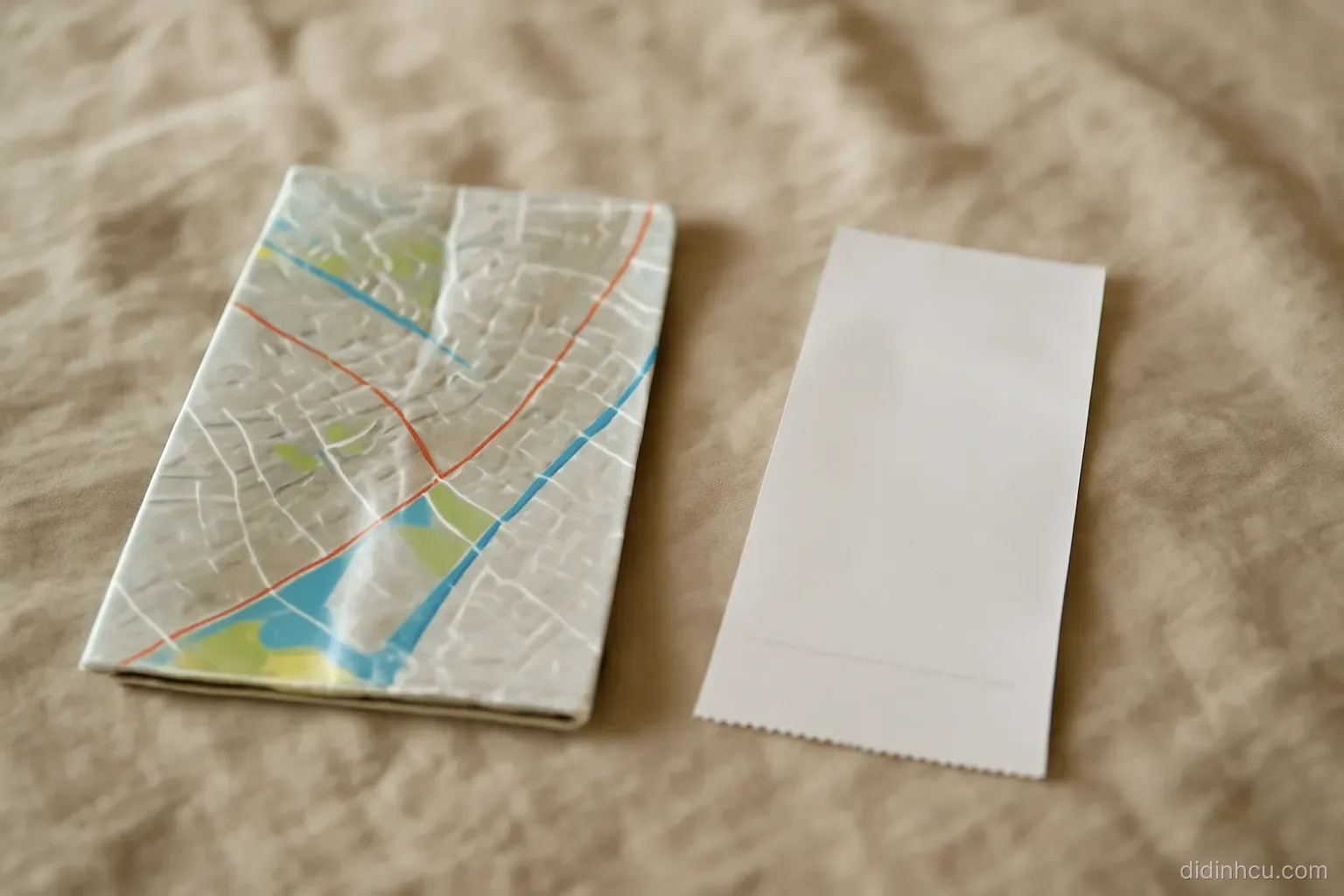 a tourist map and a local supermarket receipt lying side by side on a bed cover