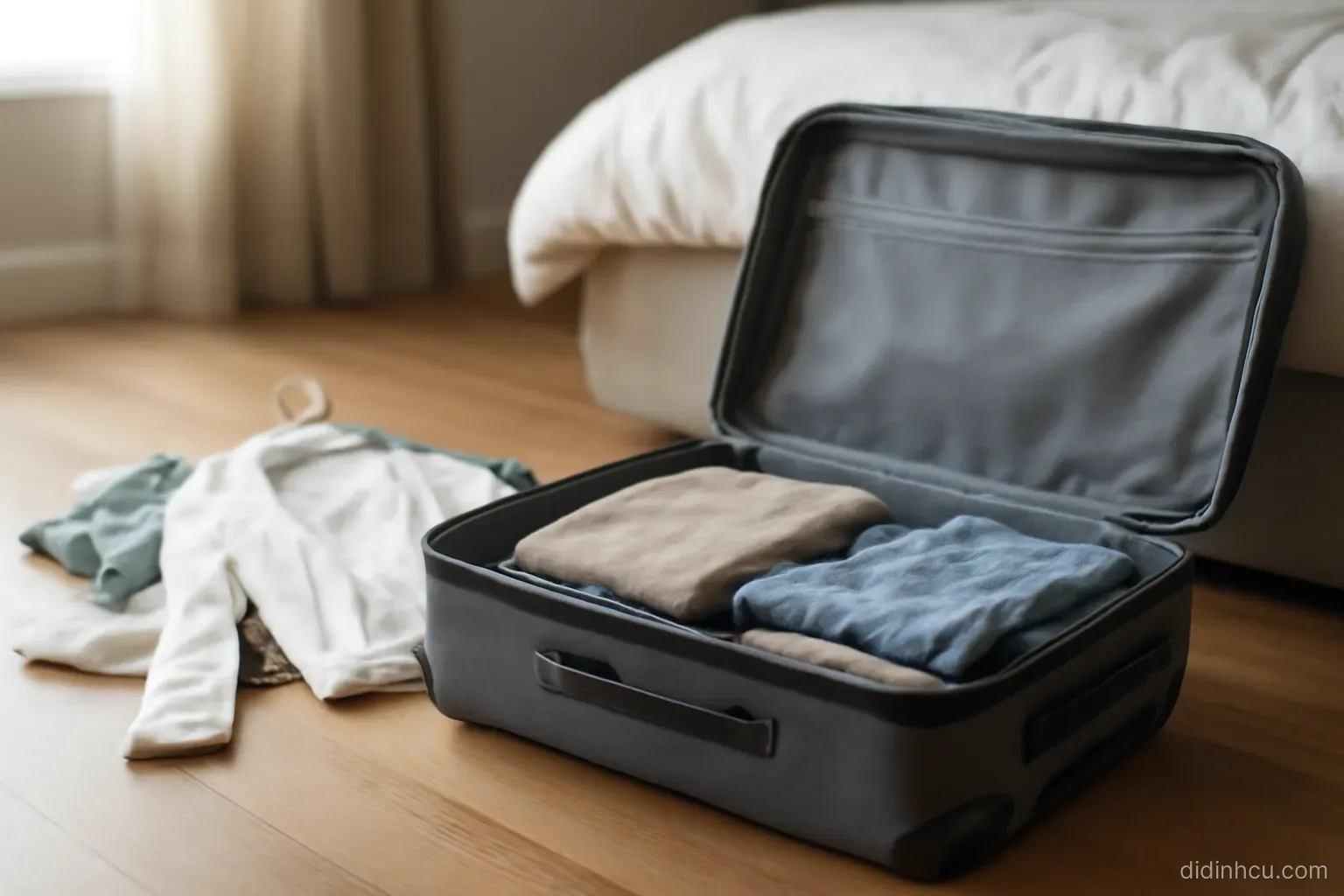 a half-packed suitcase left open on a bedroom floor with clothes still on hangers nearby