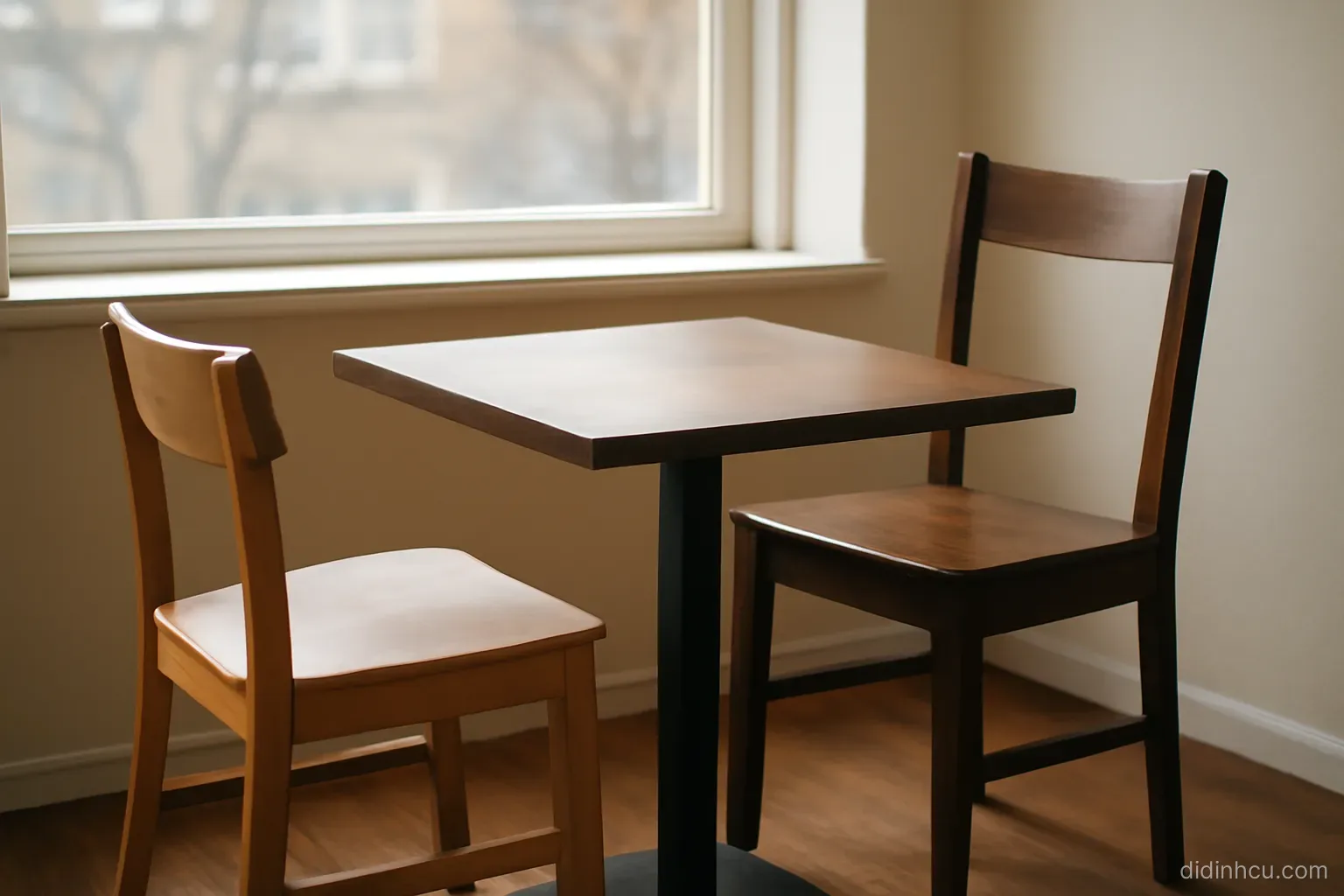 a low table with two chairs of different heights facing each other beside a window