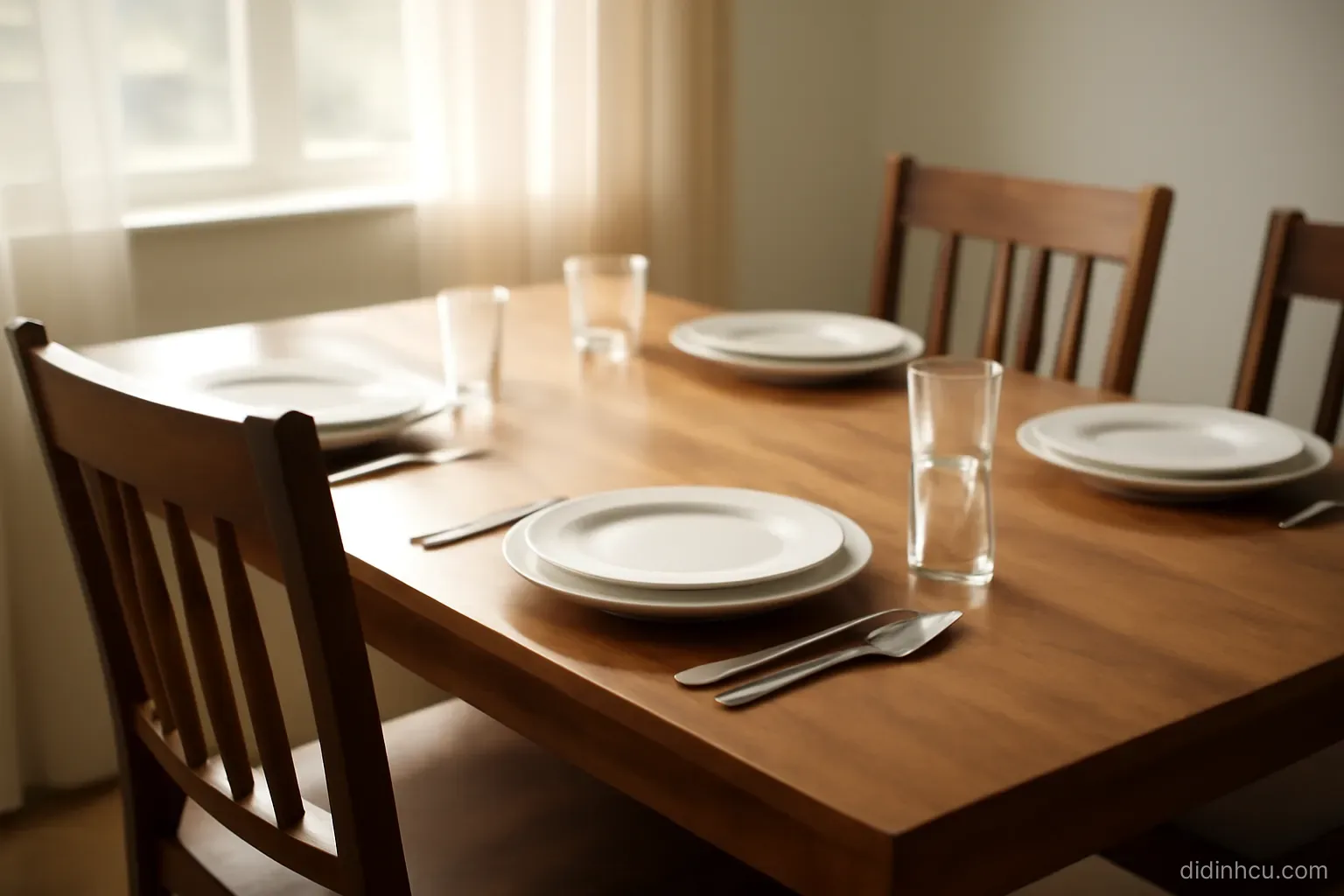 a dining table set for four with three chairs pushed in and one pulled slightly back