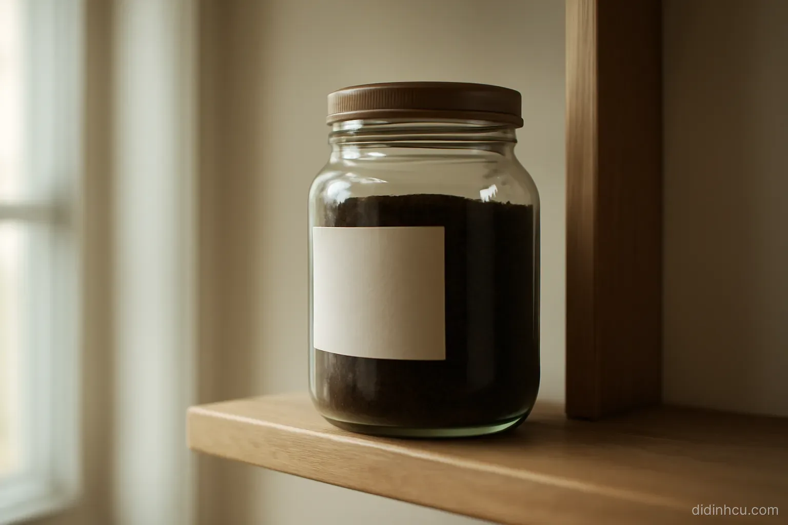 a sealed glass jar on a high shelf with a folded paper label facing away from view