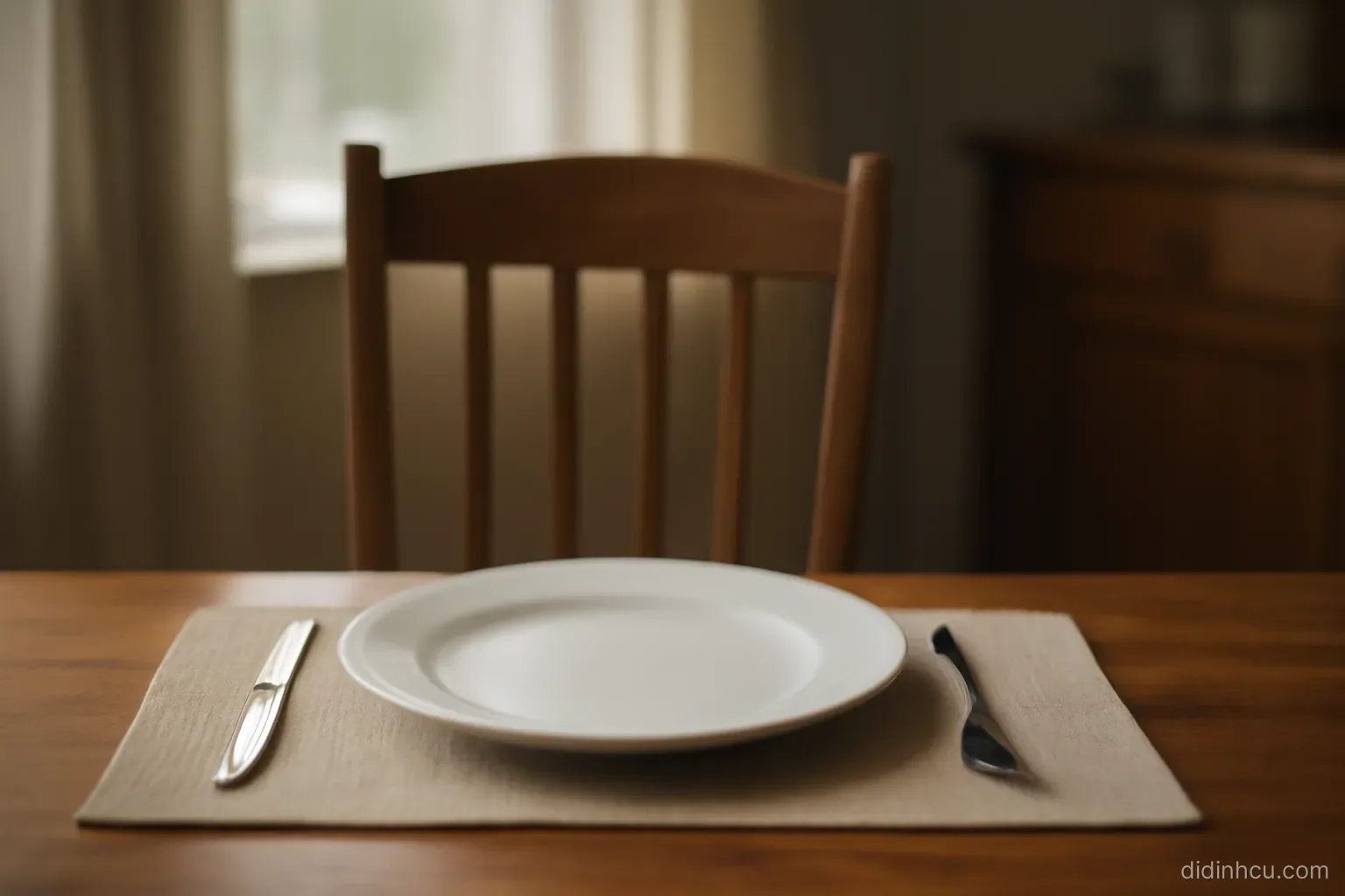 an empty chair at a family dinner table with a single plate still set in front of it
