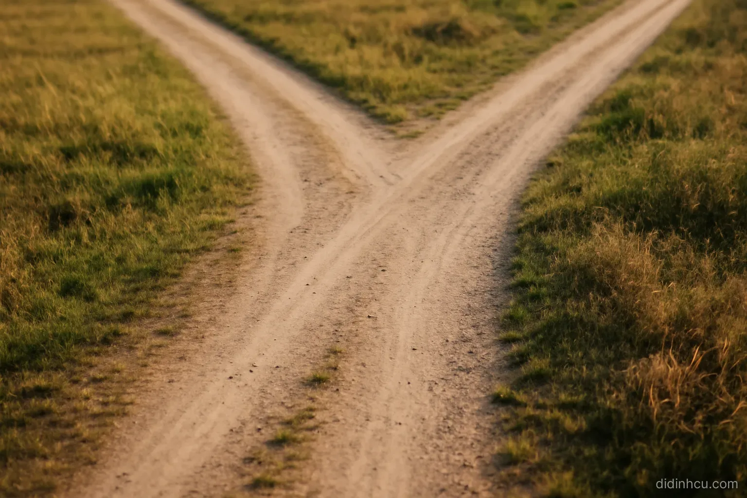 a fork in a country road seen from above with both paths equally worn
