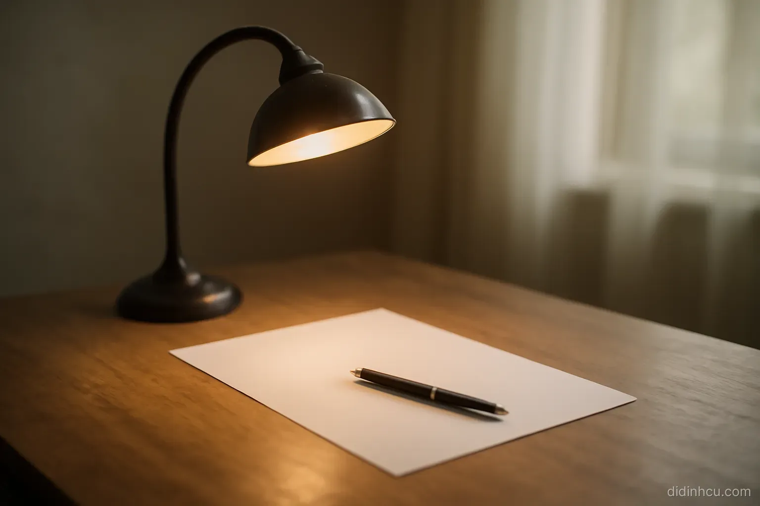 a single lamp lit over a table with one sheet of paper and a pen placed at its centre