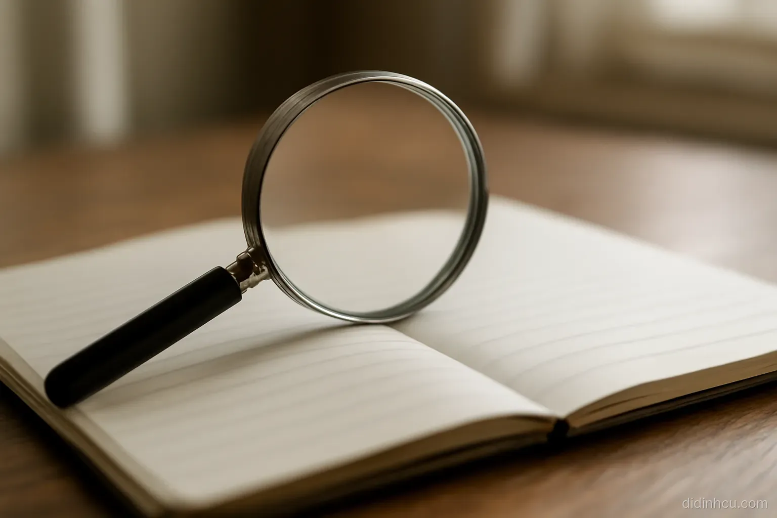 a magnifying glass resting on an open notebook with three short handwritten lines