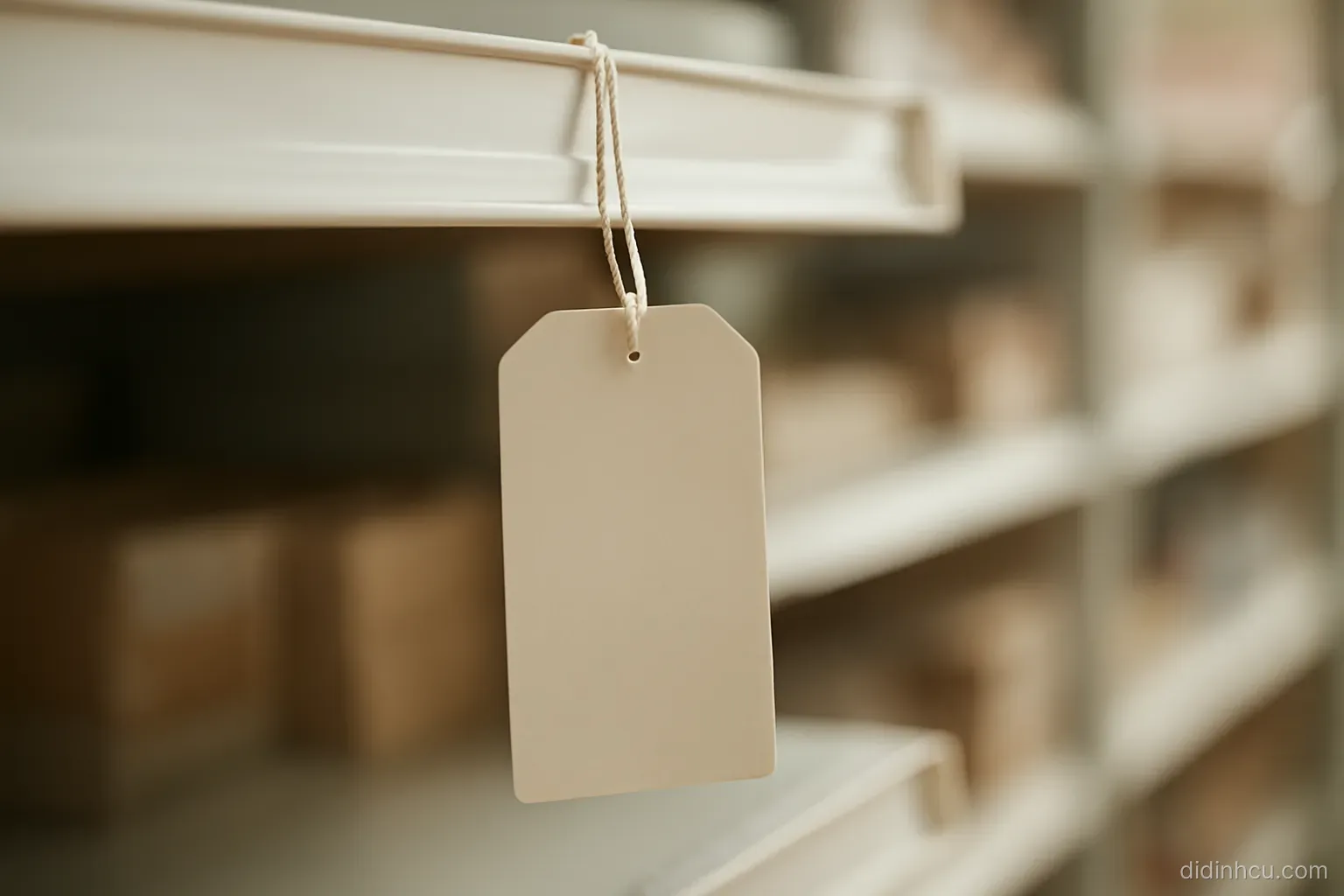 a price tag hanging from a shelf edge with the number side turned away from the camera