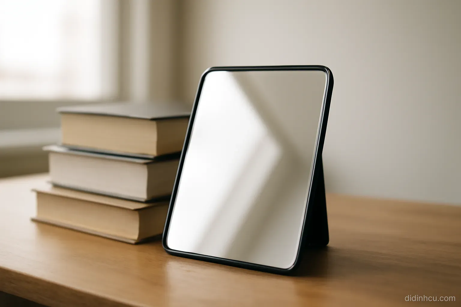 a small mirror propped against a stack of books on a desk reflecting only the ceiling
