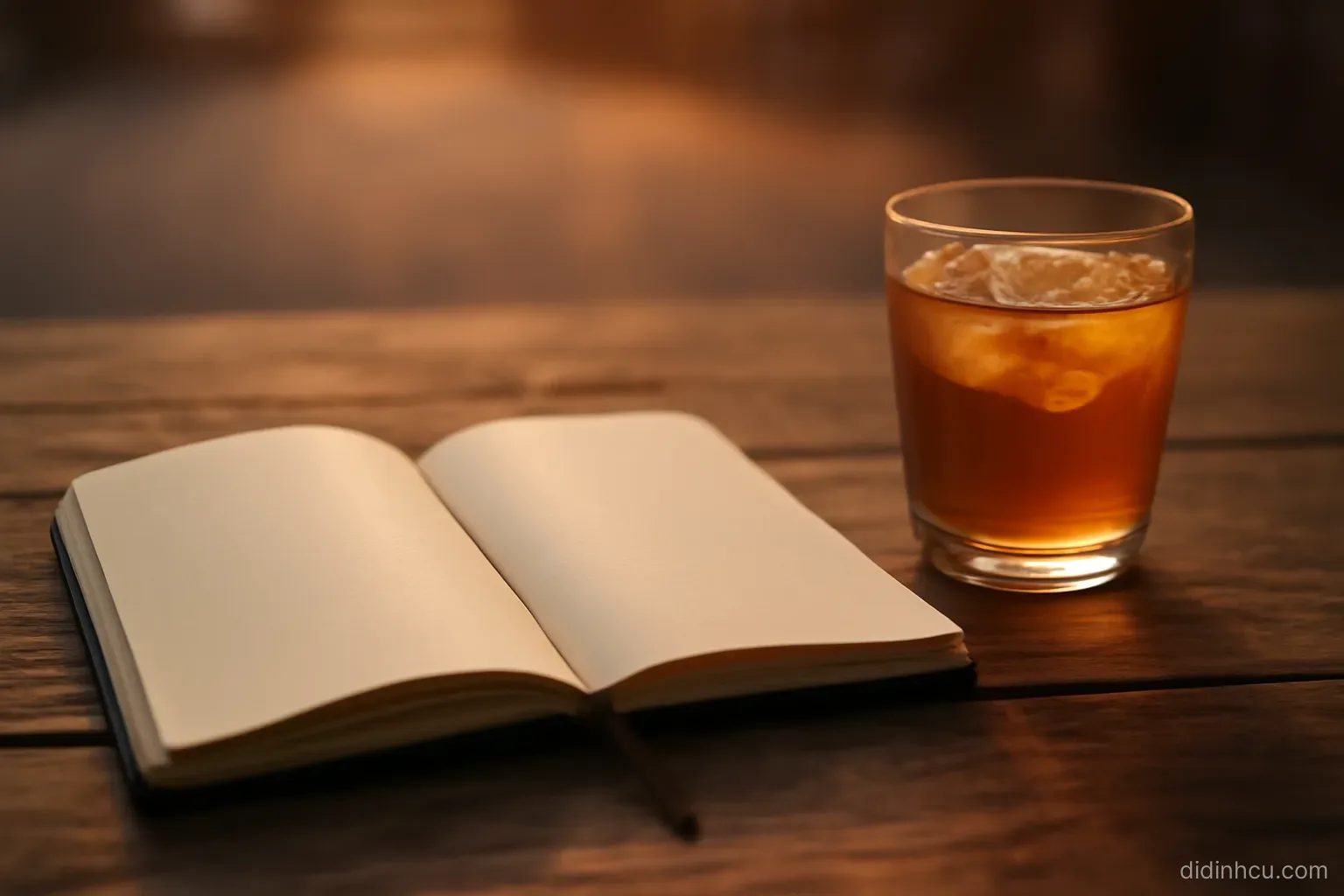a notebook open at a blank page with a cup of cold tea beside it on a wooden table at dusk