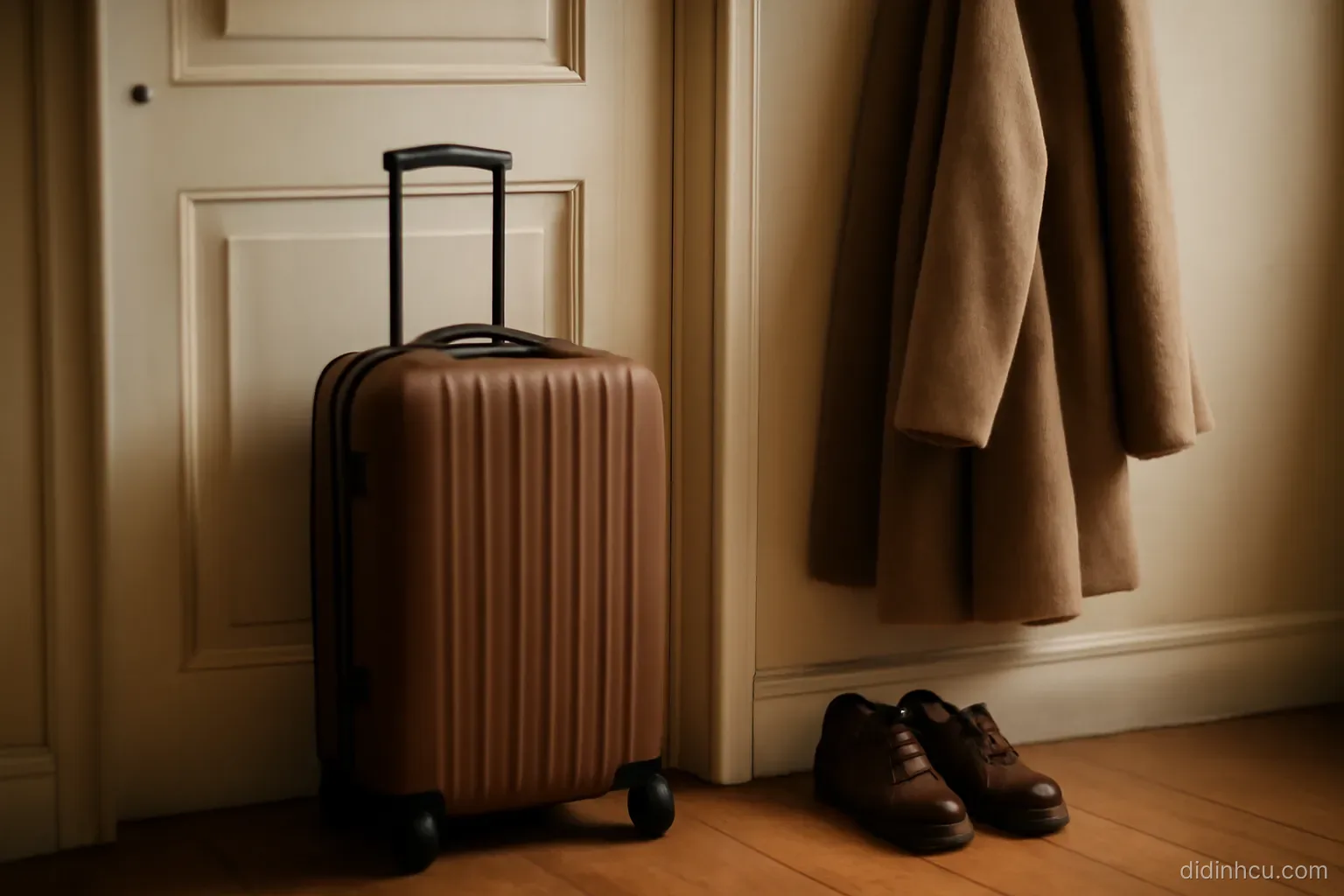a small suitcase standing by a door next to a folded coat and a pair of shoes