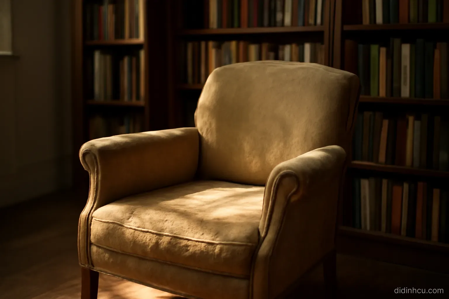 a well-worn armchair by a bookshelf with afternoon light falling across the seat