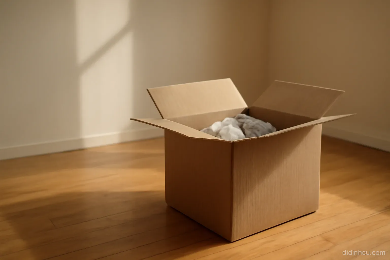 a half-unpacked cardboard box in an empty room with afternoon light on bare walls
