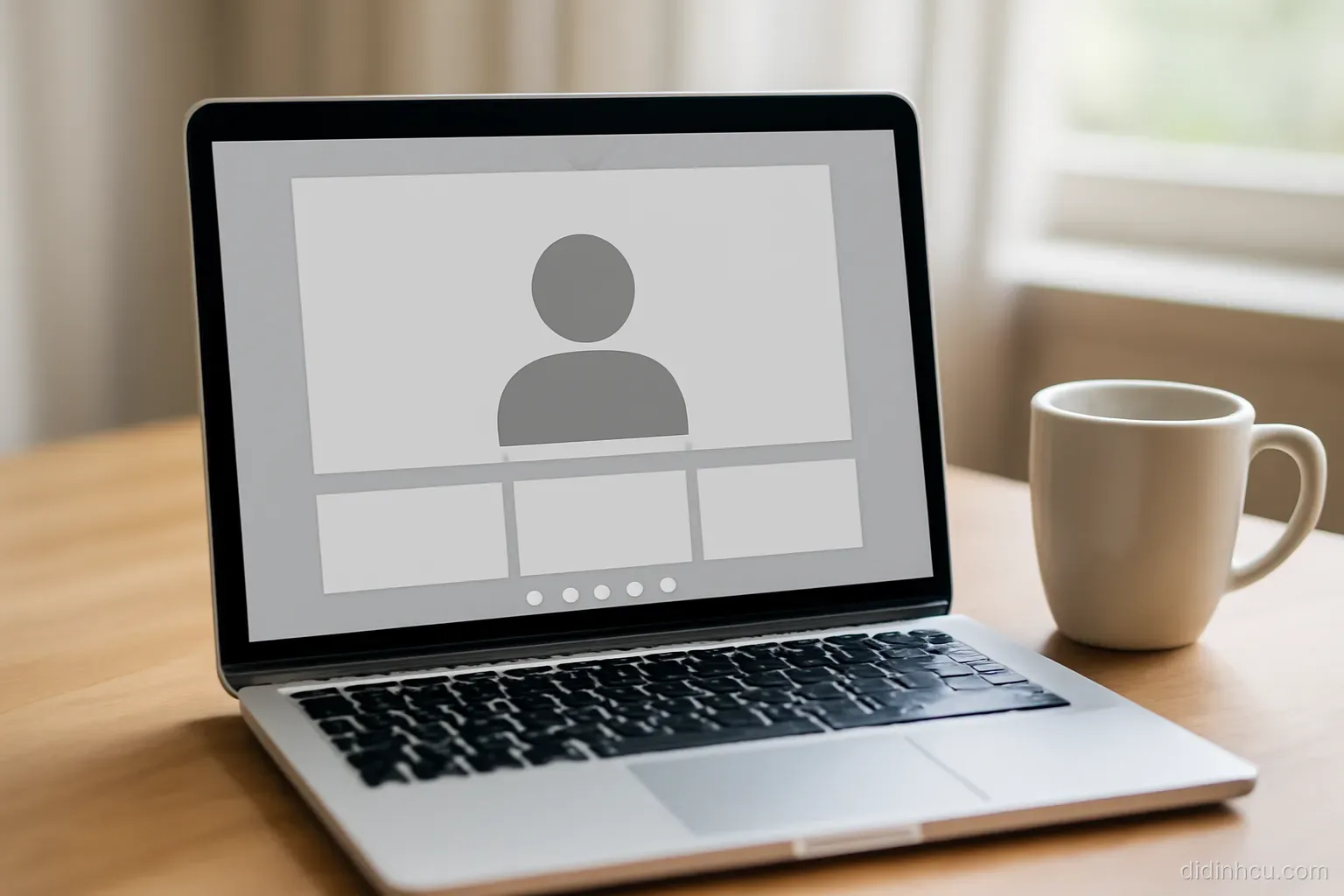 a laptop open on a desk showing a blank video call layout with a mug beside the keyboard
