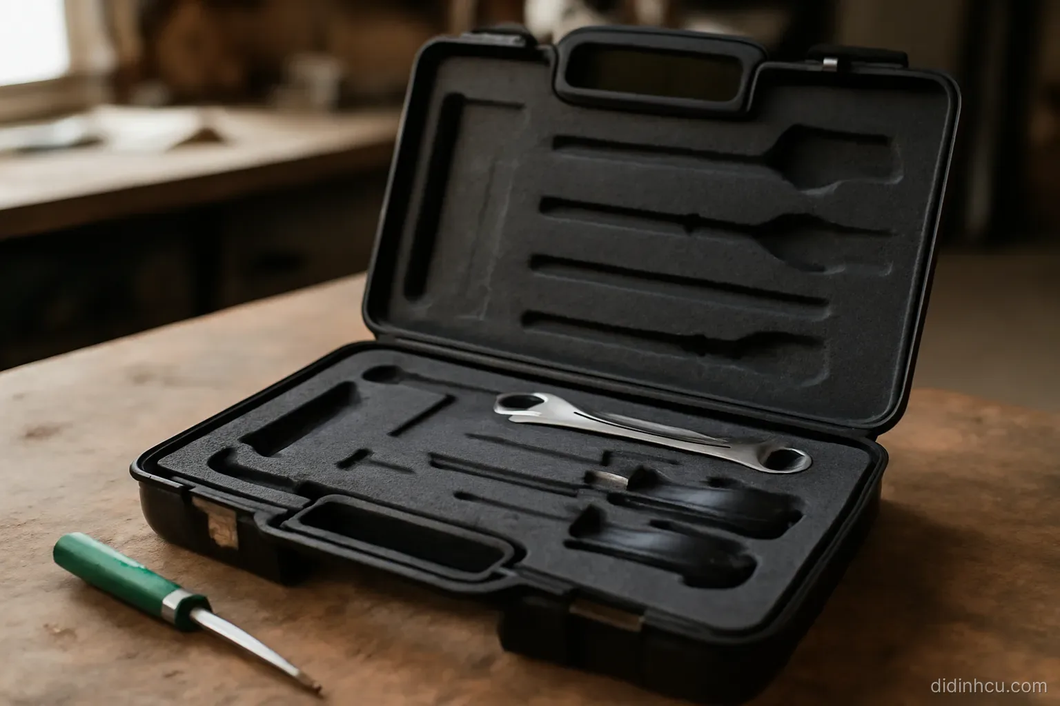 a toolbox open on a workbench with some tools removed and their outlines visible in the foam