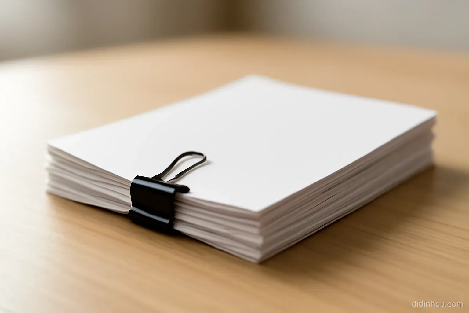 a bundle of folded documents held together by a metal clip on a bare desk