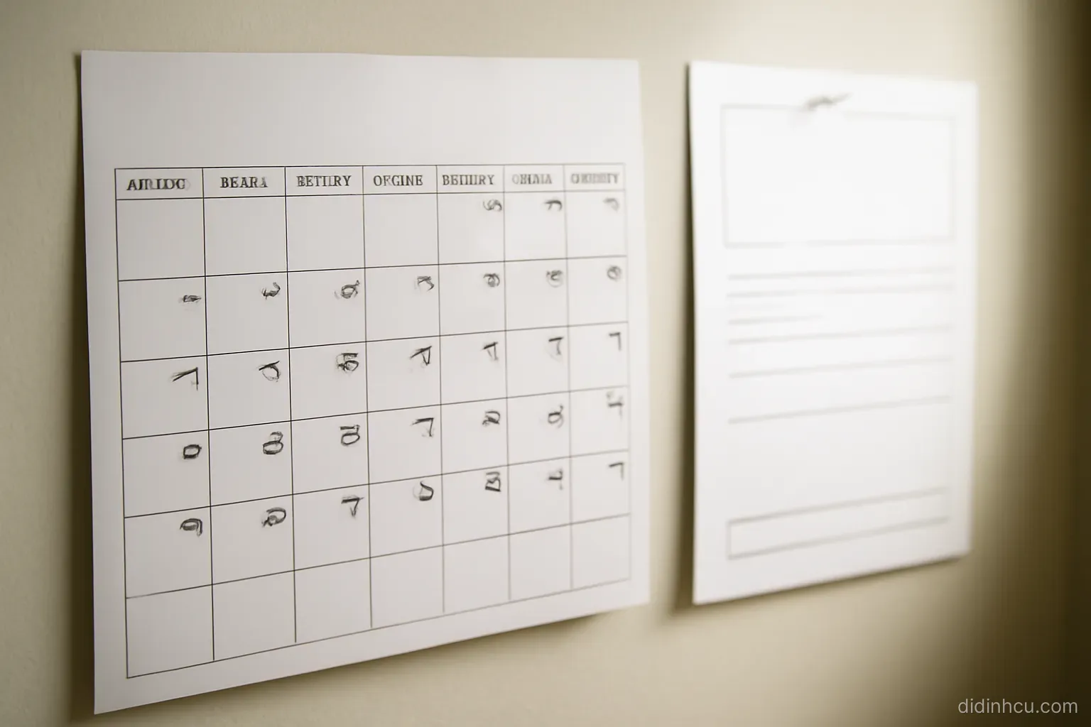 a wall calendar with one week bracketed in pencil and a rental listing printed beside it