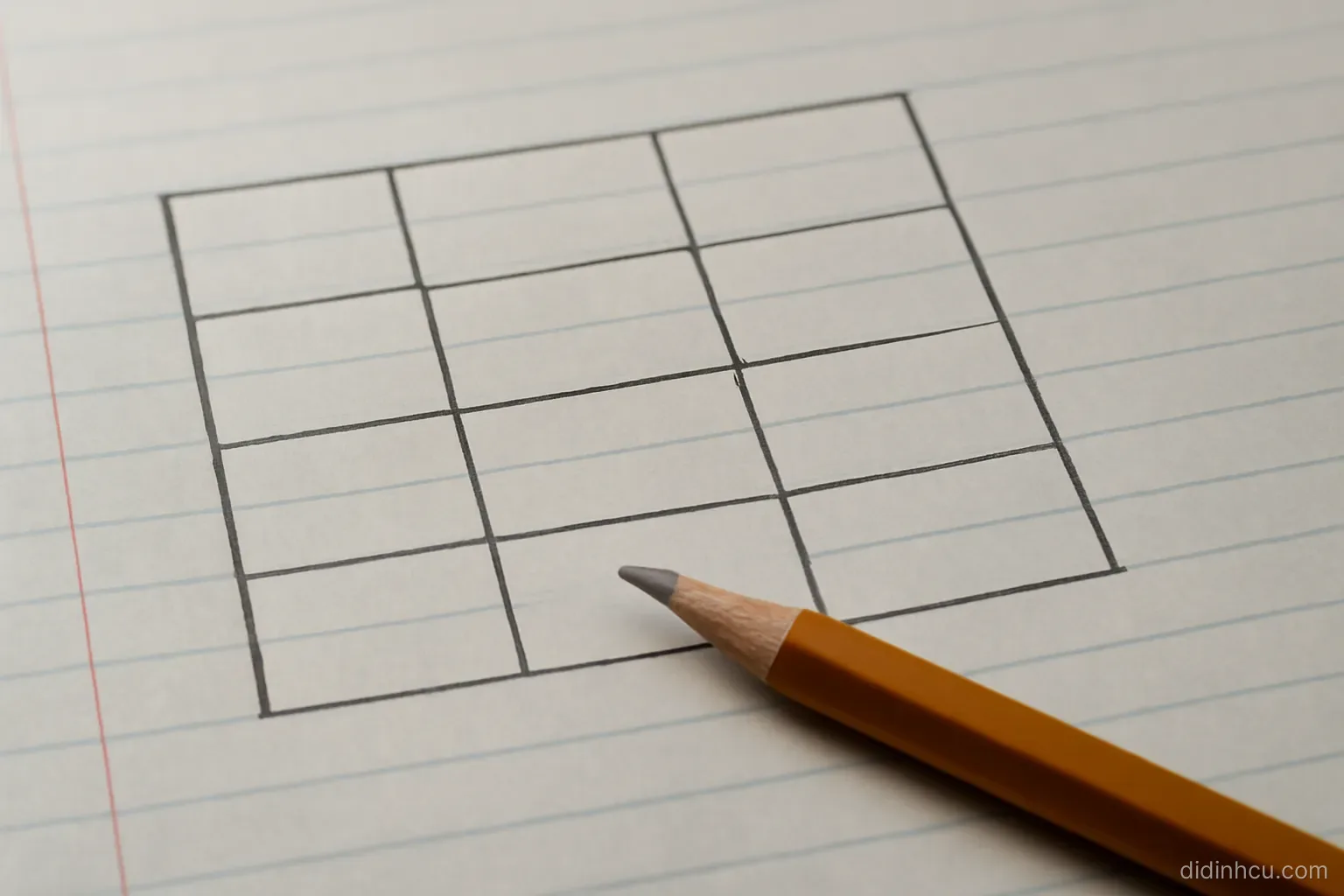 a simple hand-drawn scoring grid on lined paper with a pencil resting across the bottom rows