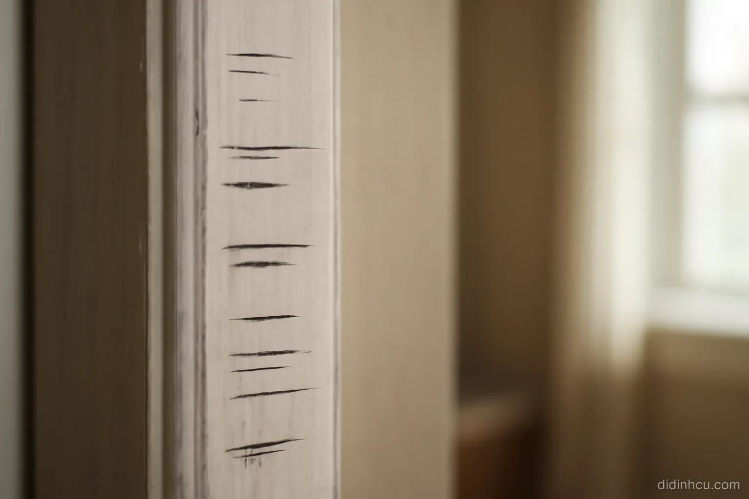 a growth chart of pencil marks on a doorframe at several different heights