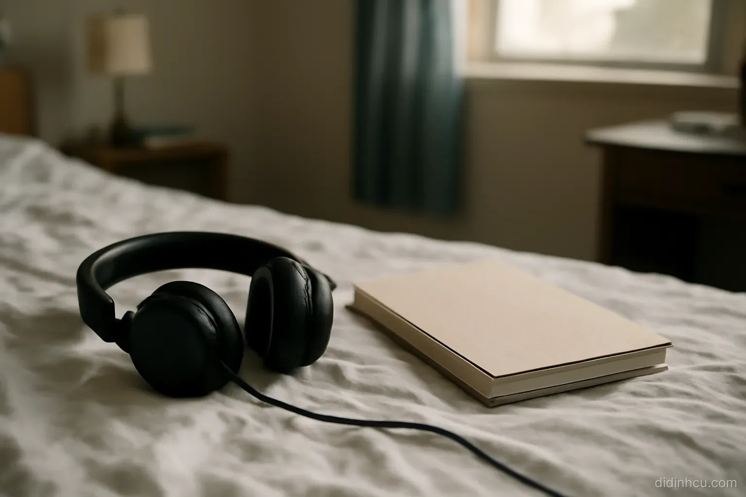 a pair of headphones and a closed sketchbook on an unmade bed in a teenager room