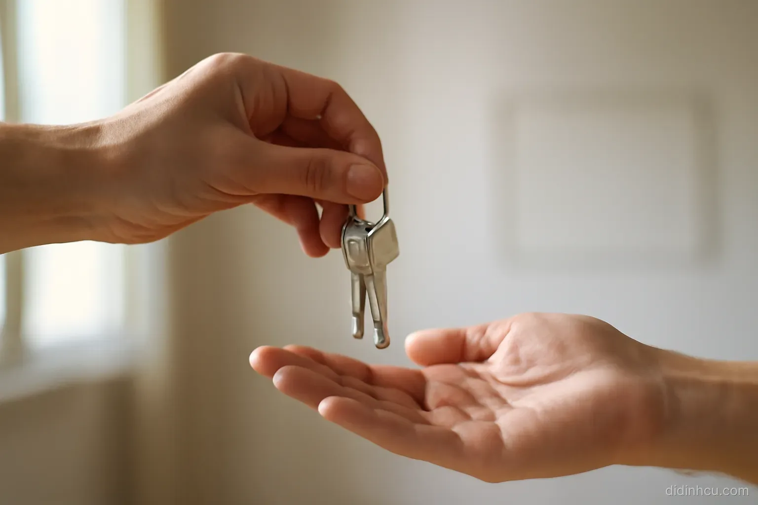 a set of house keys on a ring being handed from one open palm toward another