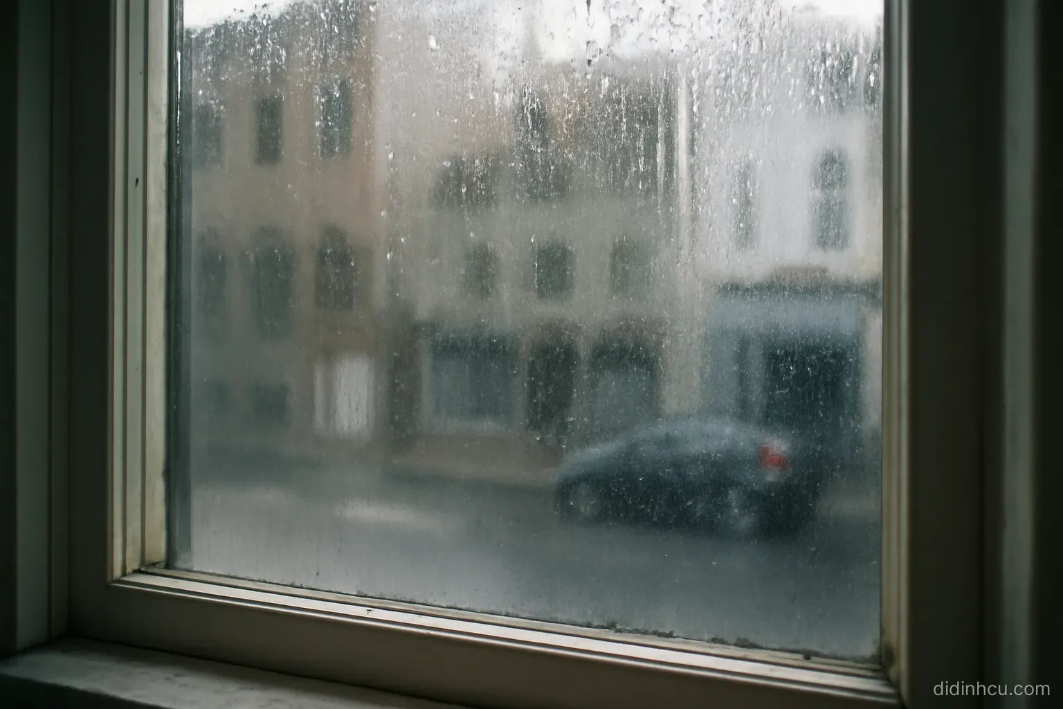 a window with condensation on the glass partly obscuring the street scene outside