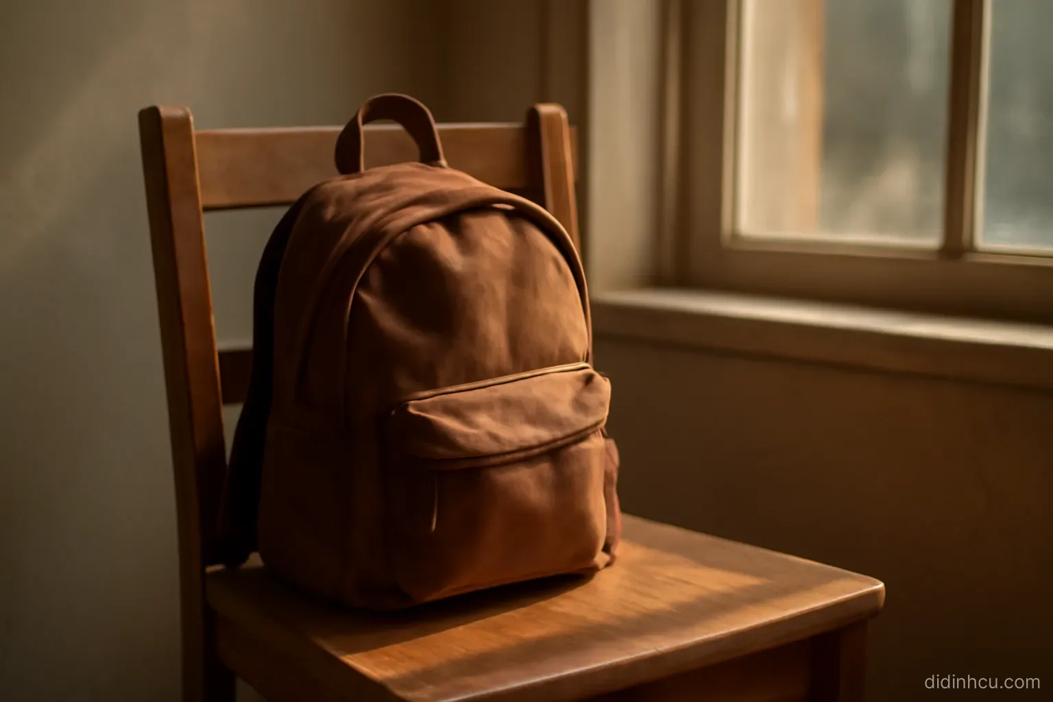 a child-sized backpack left on a chair by a window with afternoon light falling across it