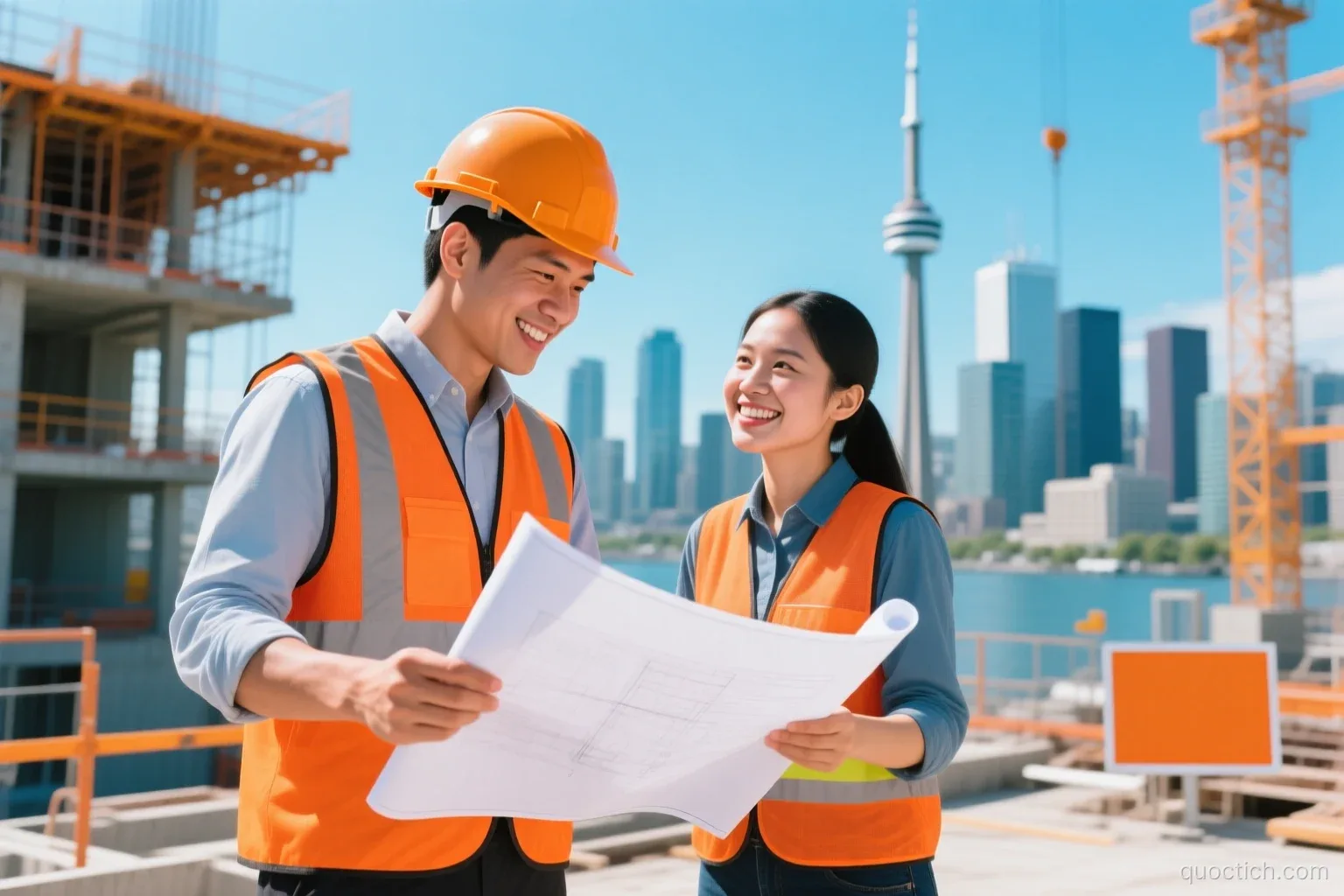 Vietnamese man in his thirties wearing a hard hat and safety vest, reviewing plans with a smiling coworker on a bright construction site overlooking the Toronto skyline, medium shot, orange and blue tones