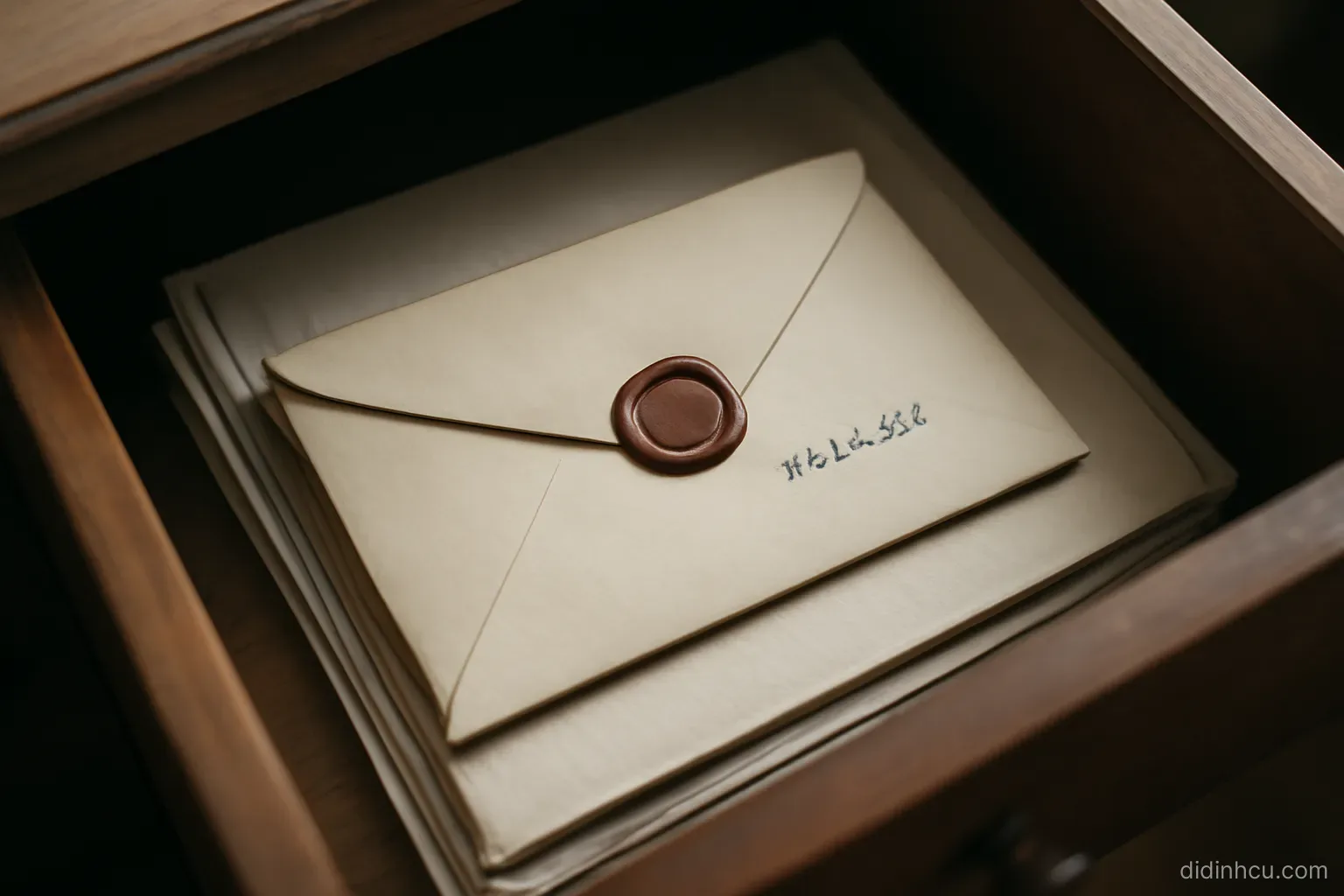a sealed envelope with a date written on it lying in a drawer among folded papers