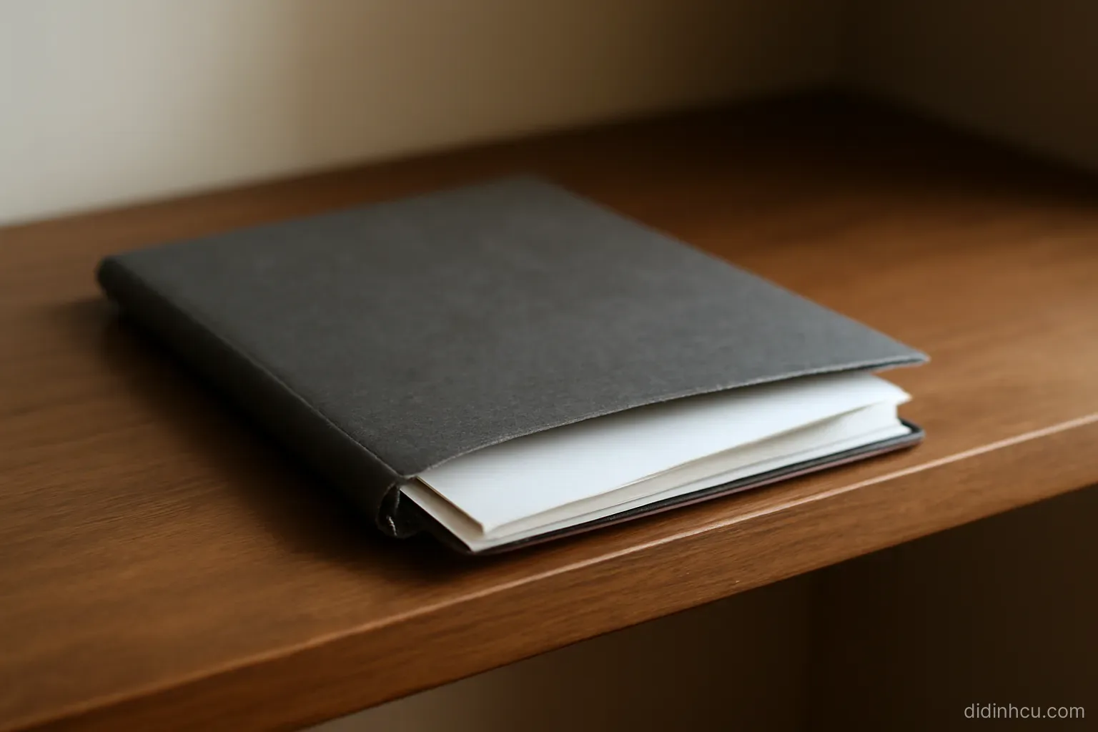 a single folded sheet of paper tucked inside the cover of a closed notebook on a shelf